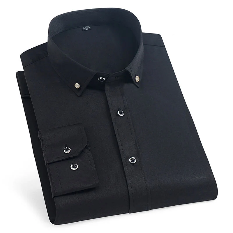 

High Quality Men's Long Sleeve Shirt Dress Casual Solid Color Routine Fit Design Business Male Social Shirts White Blue Black