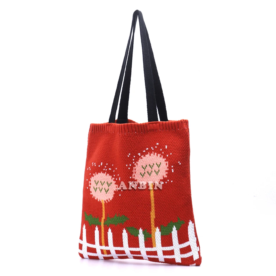 

Female Bag Cartoon Flower Pattern Knitting Top-Handle Tote Women Large Capacity Stylish Casual Soft Daily Open Shopping Handbag