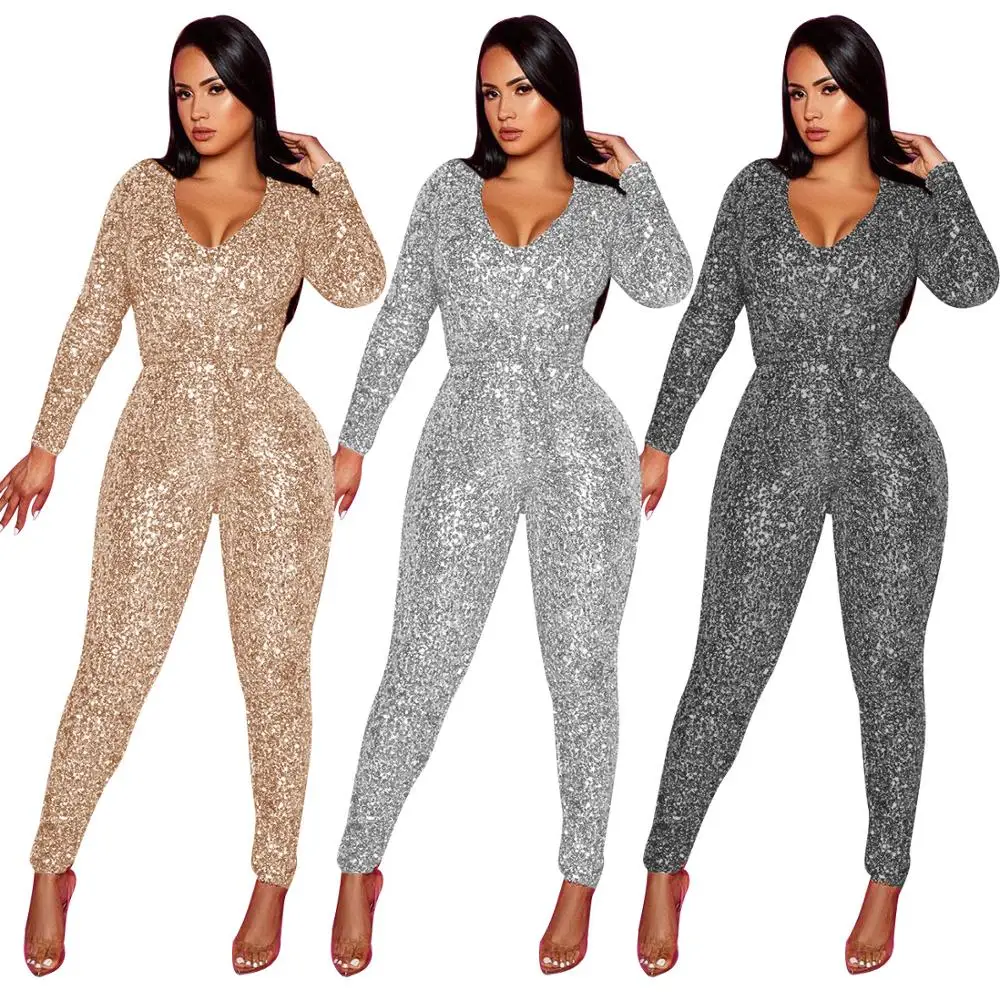 

Bling Bling Sequined Patchwork Slim Full Length Jumpsuit Fashion High Street Ladies V Neck Sashes Romper 3 Color Catsuit