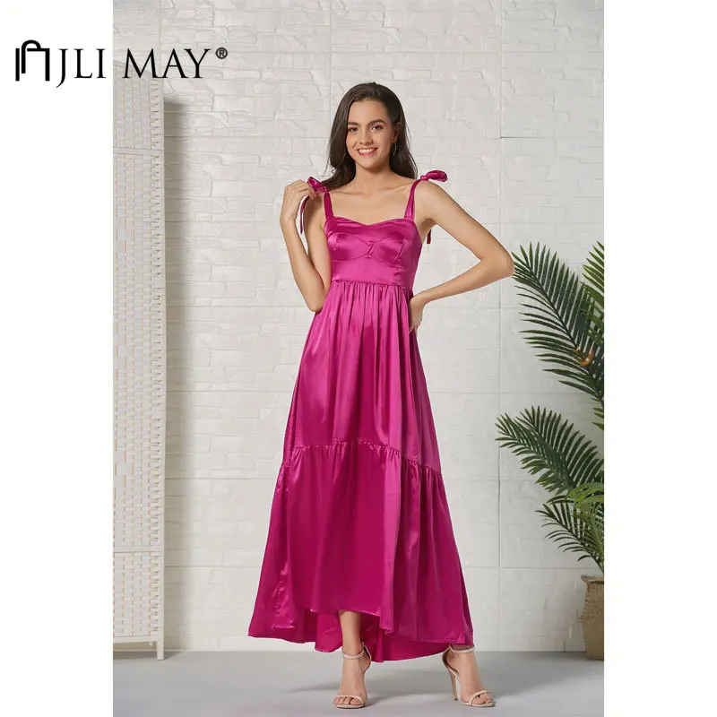 

JLI MAY Women Solid Dress Summer Bohemian Bow Lace Up Spaghetti Strap Backless Patchwork Ruffles Empire A-Line Long Dresses
