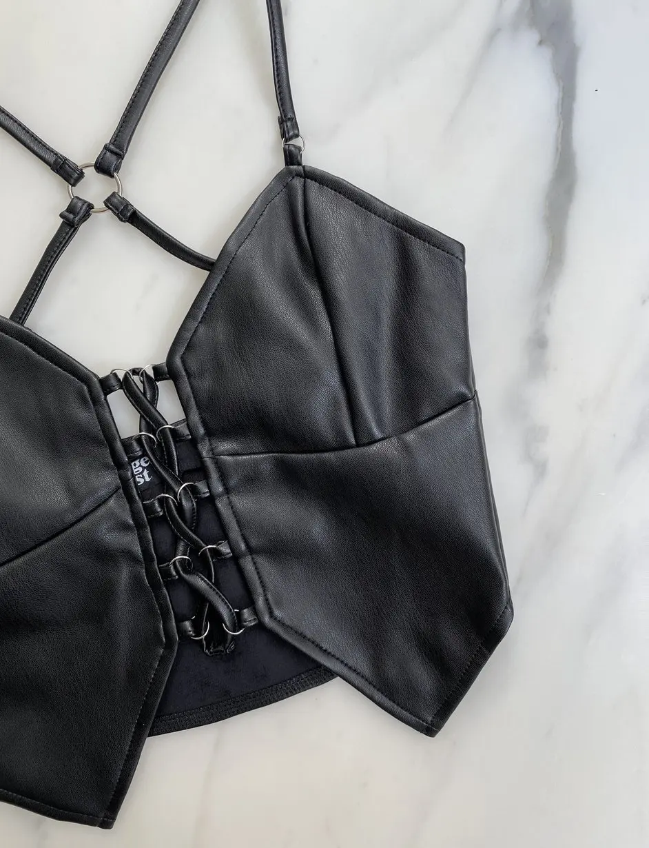 

Women's Sexy PU Leather Bustier Sleeveless Black Camisoles Summer Cut Out Cross Corsets Top Vest Party Club Wear Female Camis