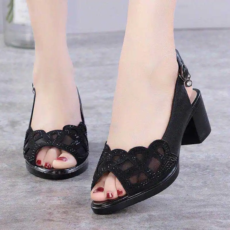 

Fashion Sexy Rhinestone mesh Heels Women Sandals Summer Shoes Women Open Toe Chunky High Heels Party Dress Sandals Big