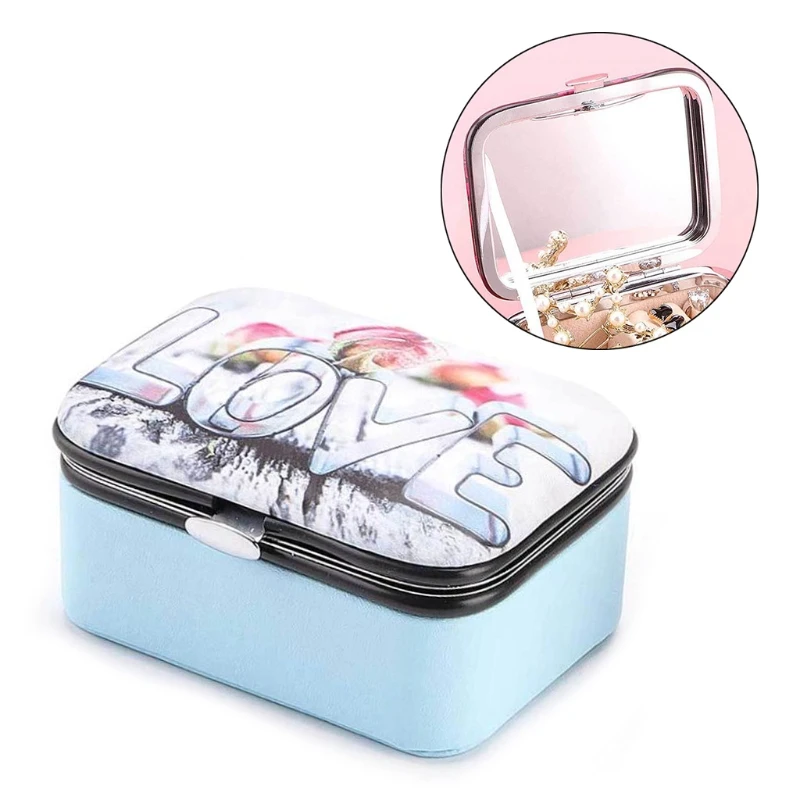 

Protable Travel Leather Bracelet Box Earrings Necklace Organizer Display Brooch Jewelry Storage Case with Mirror Women Girls Gif