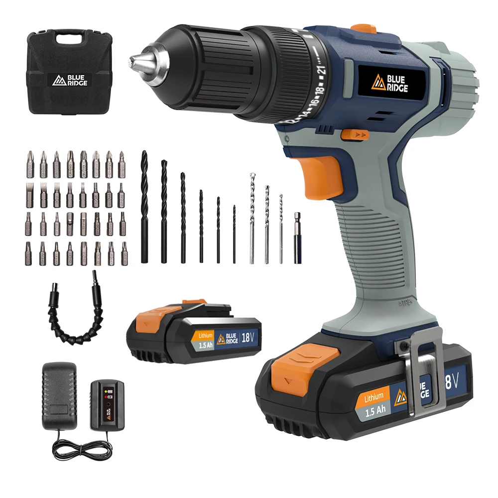 

BLUERIDGE 18V Cordless Combi Drill Lithium-Ion Battery Hammer Drill BR2808K2 2x1.5ah 42N.m 13mm keyless Chuck 43pcs Accessories