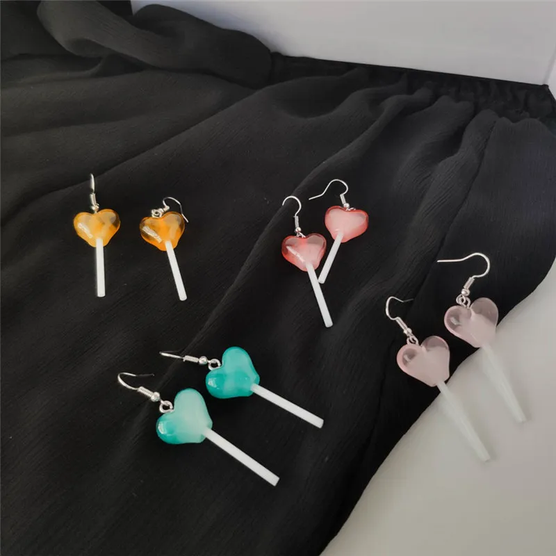 Cute Love Heart shaped Resin Lollipop Dangle Earrings for Women Sweet Girl Jelly Colors Candy Pendant Female Gifts |