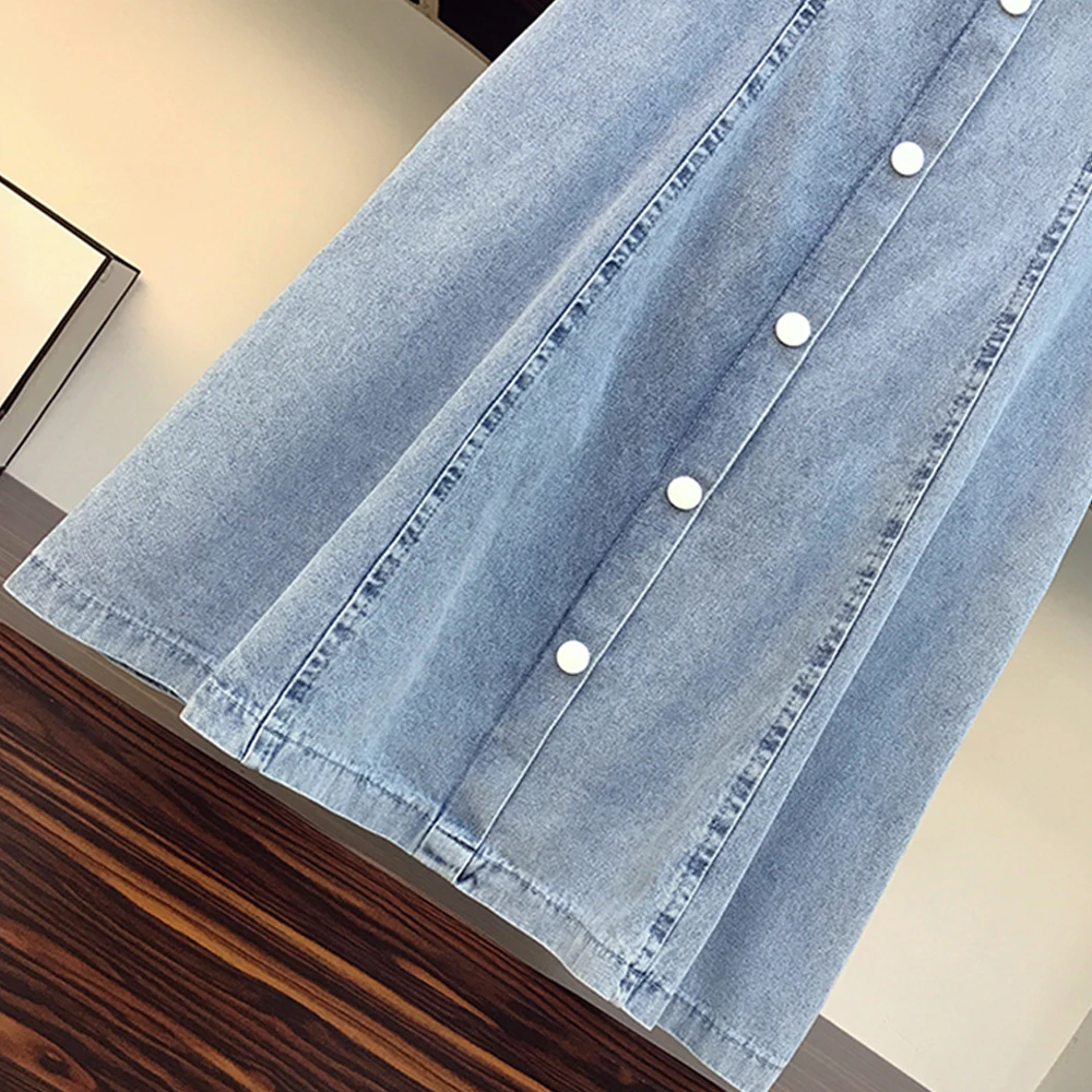 

Plus Size Denim Dresses Women Classic Vintage Breasted Lace Stitching Summer Dress Female Casual Clothing