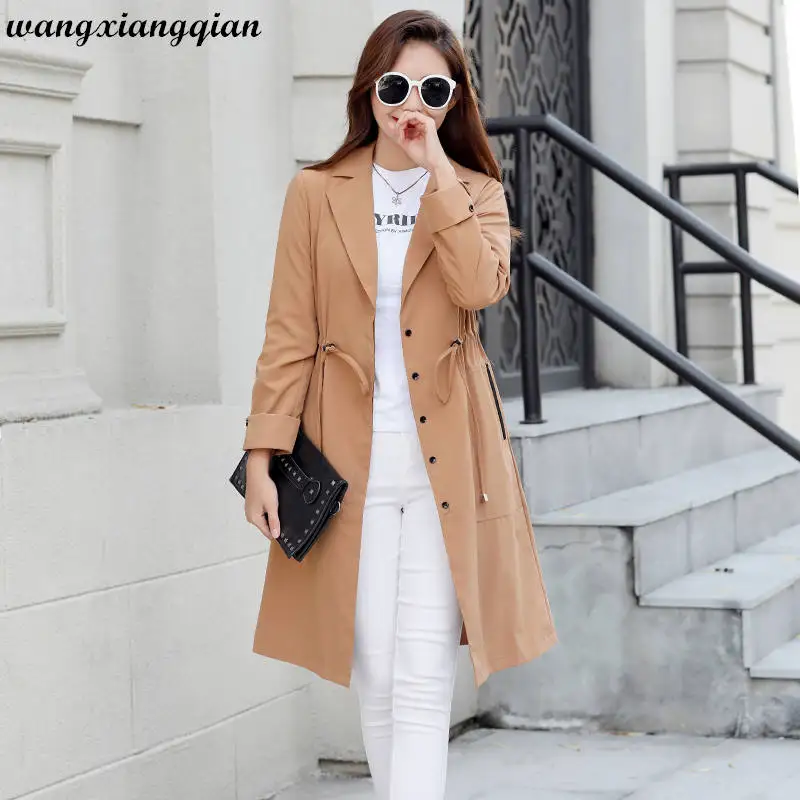 

Korean Large Size Trench Coat Spring Autumn Solid Color Fashion Drawstring Waist Mid-length Female 7XL Windbreaker Overcoat Z67