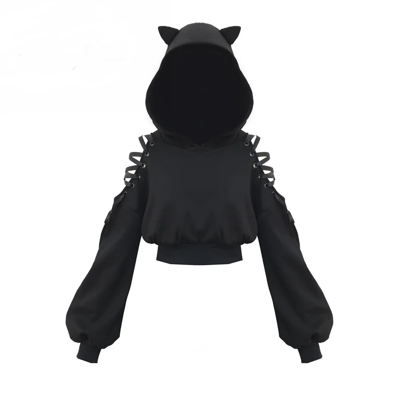 

Harajuku Sweatshirt Women Punk Gothic Hoodie Autumn Winter Plus Velvet Hollow Out Lace Up Long Sleeve Cute Cat Ear Hoodies