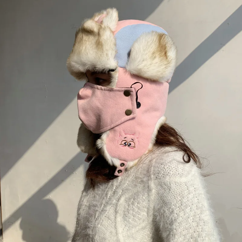 Women's Autumn and Winter Outdoor Lei Feng Hat Cartoon Ear Caps Warm Tide Plane Cat Ski | Bomber Hats