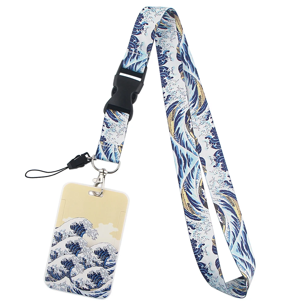 

PF382 Dongmanli Art Waves Lanyard Credit Card ID Badge Holder Key Ring Bag Student woman Travel Bank Bus Card Cover Keychain