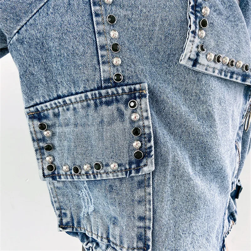 

Vintage Black Blue Rivet Denim Women Coat Spring Autumn Korean Oversized Loose Jeans Jacket Female Casual Short Outerwear
