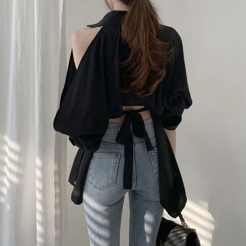 

Women White Back Hollow Out Bare Shoulder Lantern Sleeve Blouse New Lapel Long Sleeve Loose Fit Shirt Fashion Spring Autumn 2020