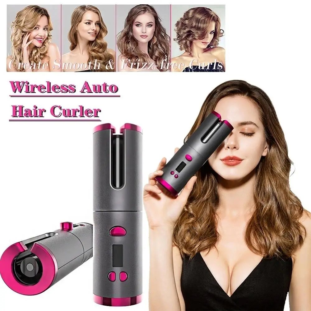 

Cordless Auto Curler Iron USB Rechargeable Anti-Tangle Hair Curling Wand For Curls or Waves Professional Heating Ceramic Barrel