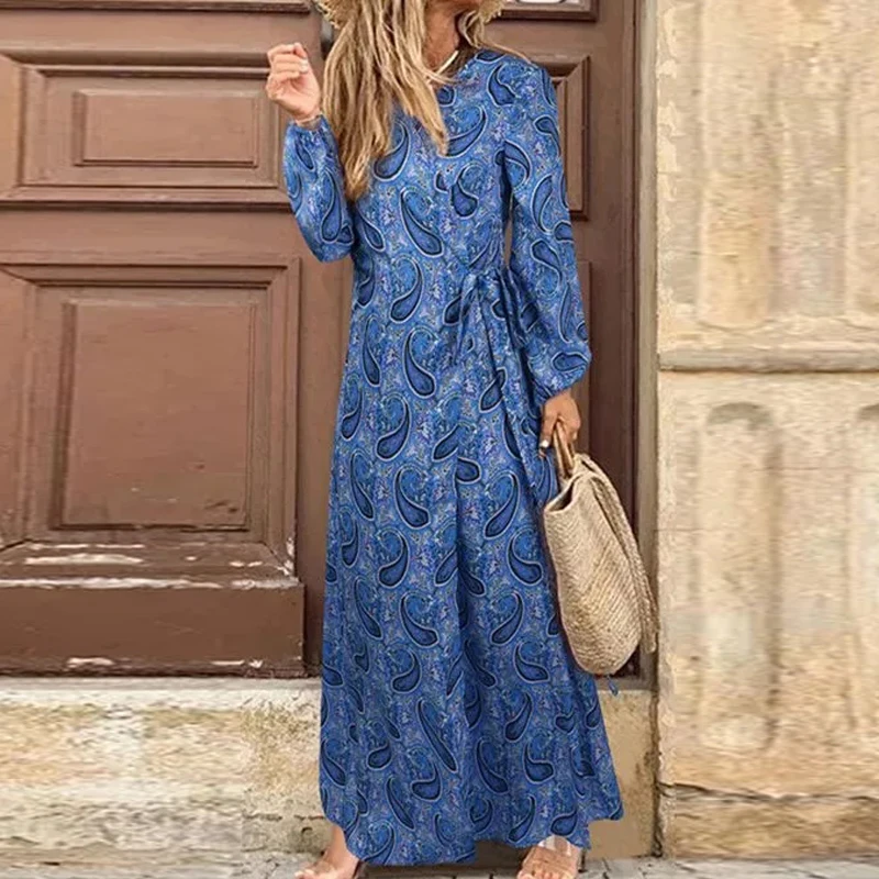 

Spring Floral Print Women Boho Long Dress Sexy V Neck Lace-Up Split Party Dresses Autumn Vintage Long Sleeve Maxi Dress Vestidos