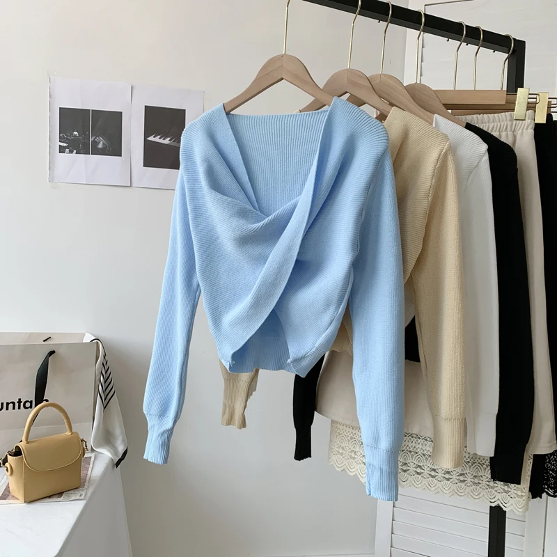 

Elegant short long-sleeved top sweater women pullovers autumn 2021 knotted tie tops knitted sweater women jumpers clothing