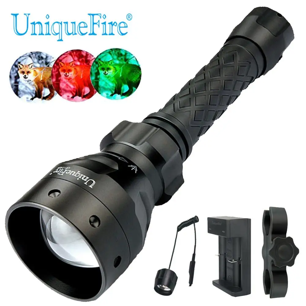 

UniqueFire 1406 XPE White/Red/Green LED Flashlight Waterproof Zoom Torch with Rat Tail, USB Charger, Scope Mount for Hunting