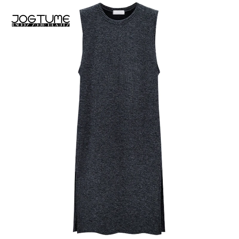 Женское трикотажное платье-майка без рукавов черное/серое длинное с разрезом