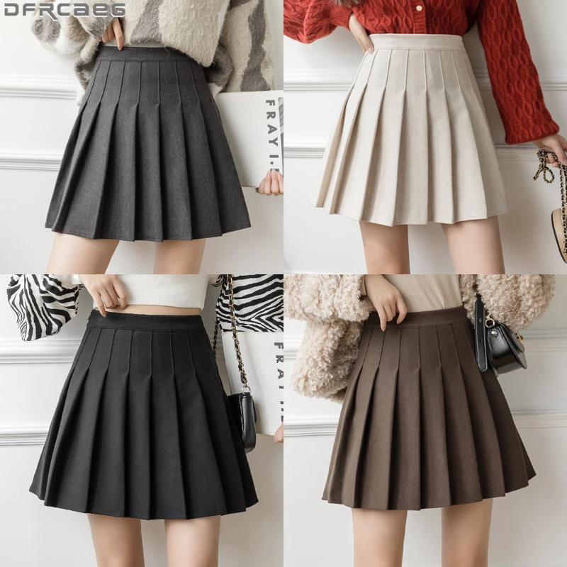 

FAKUNTN New Winter Woolen Skirt Women Solid High Waist Pleated Mini Skirts Vintage School A Line Falda Plisada Beige Grey Black