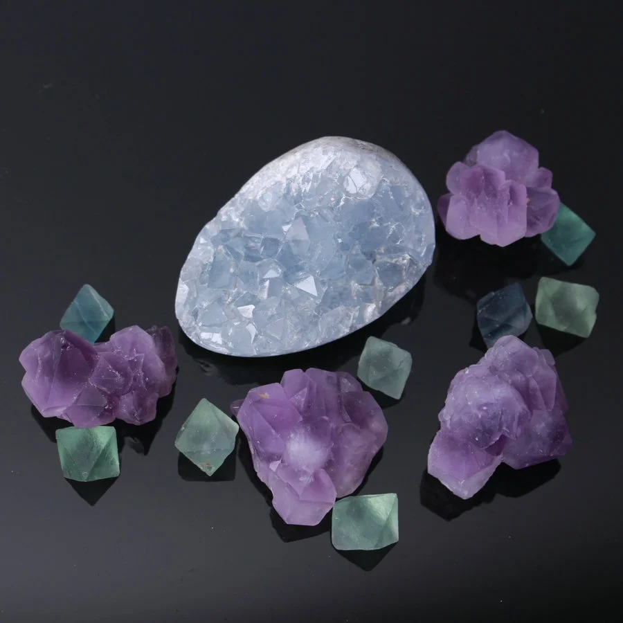 Набор микс натуральный кристалл синий Celestite &amp ametryst кластер Green fluorite Geode cluster