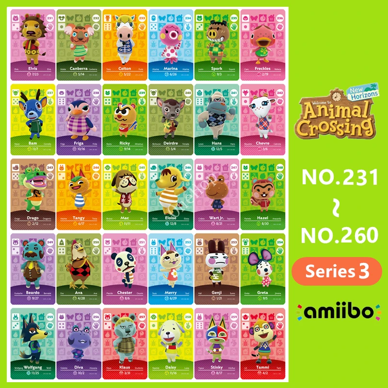 

Colton Marina Drago Wolfgang NO.231~260 Series 3 Animal Croxxing NFC Tag Ntag215 Amxxbo Card NS Game