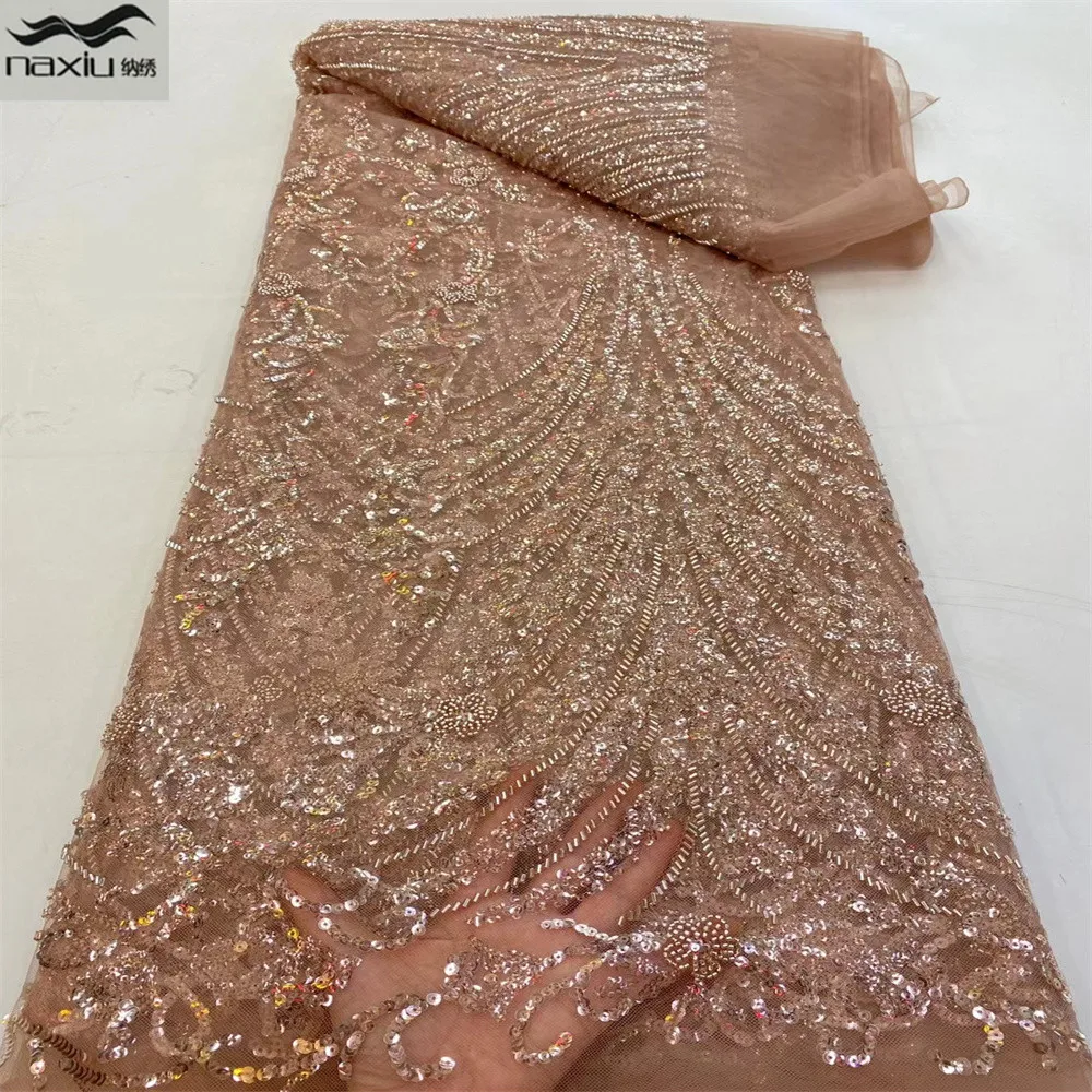 

Madison Nigerian Beaded Lace Fabrics 2022 High Quality African Embroidery Sequence Lace Fabric 5 Yards For Sewing