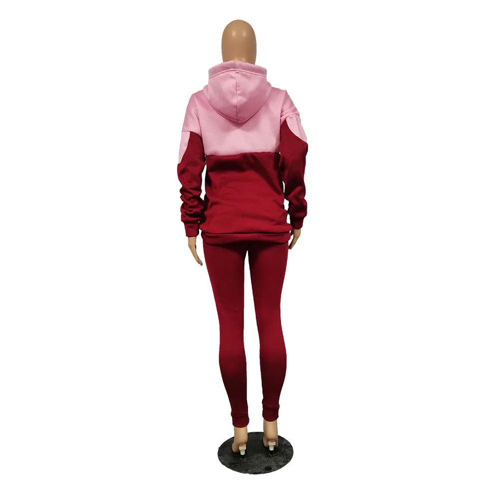 

Contrast Color Patchwork Casual 2 Piece Outfits for Women Hooded Long Sleeve Hoodie and Jogger Pant Casual Plus Size Sweatsuits
