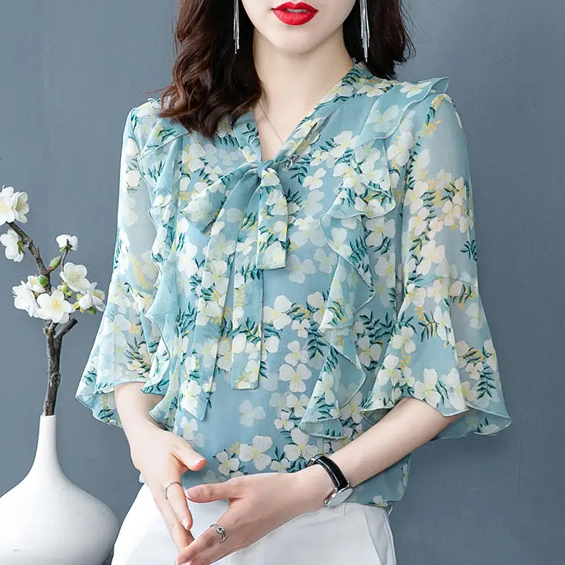

Chiffon Blouse Women's Clothing Summer Short Sleeve Shirts Blouse Print V-neck Plus Size Blouses Femme Tops Blusas Mujer Q4347