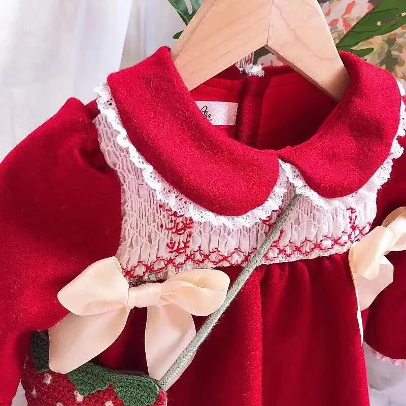 Осенне-зимнее красное шерстяное платье с длинными рукавами в винтажном