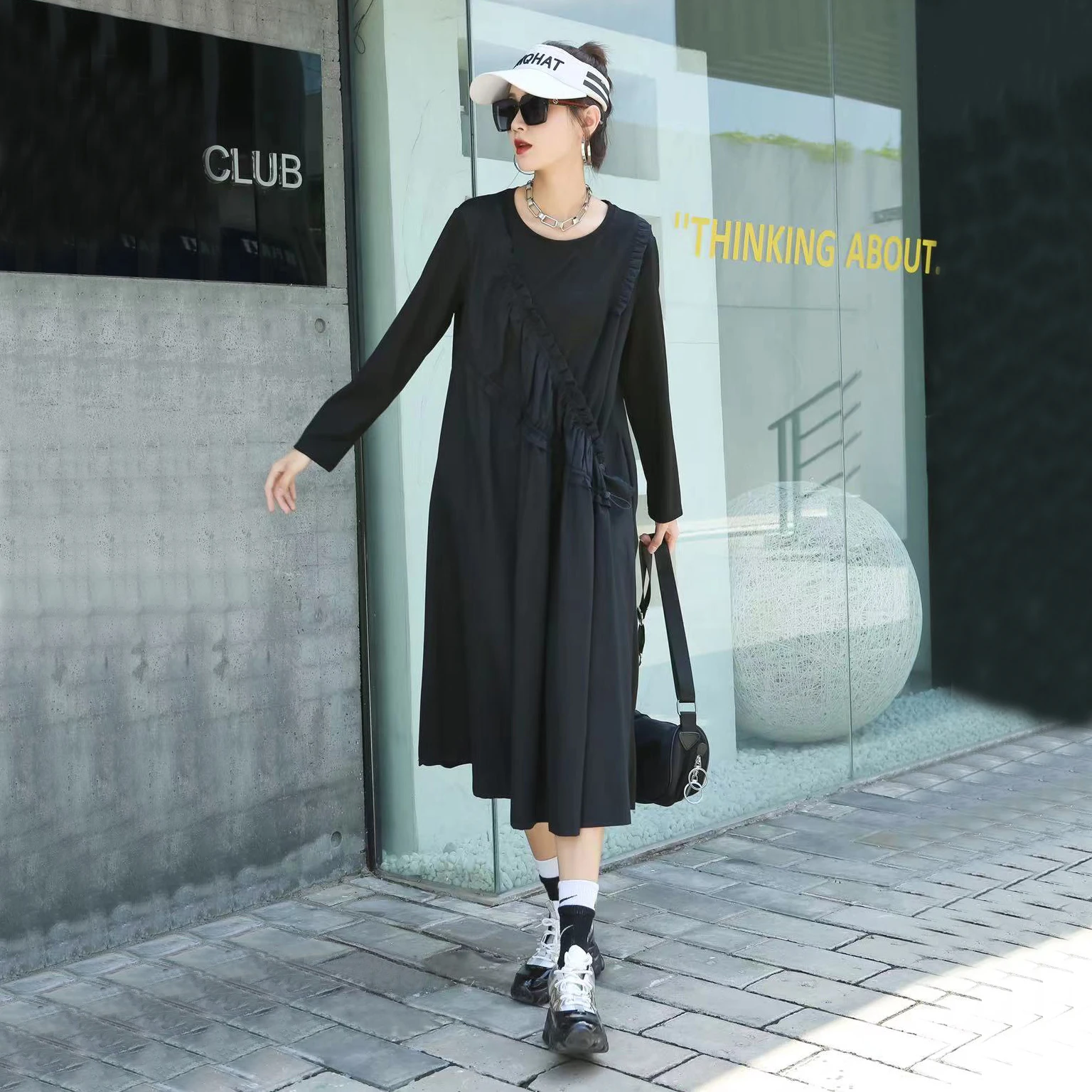 

Drawstring Folds Dresses Patchwork Autumn New Product Fashion Style Mid-length Black Women's Clothing Dresses