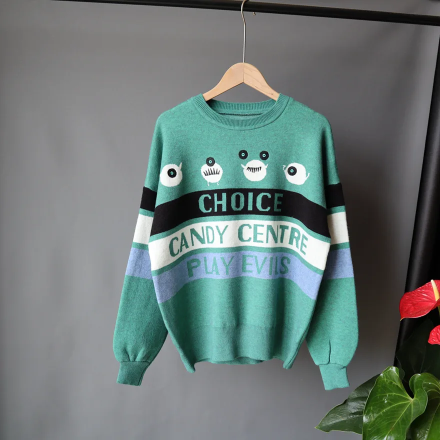 

Pull Femme Autumn Winter Fashion Knitwear Korean Contrast Color Cartoon Letters Knitted Pullover Sweater 2020 Cotton Polyester