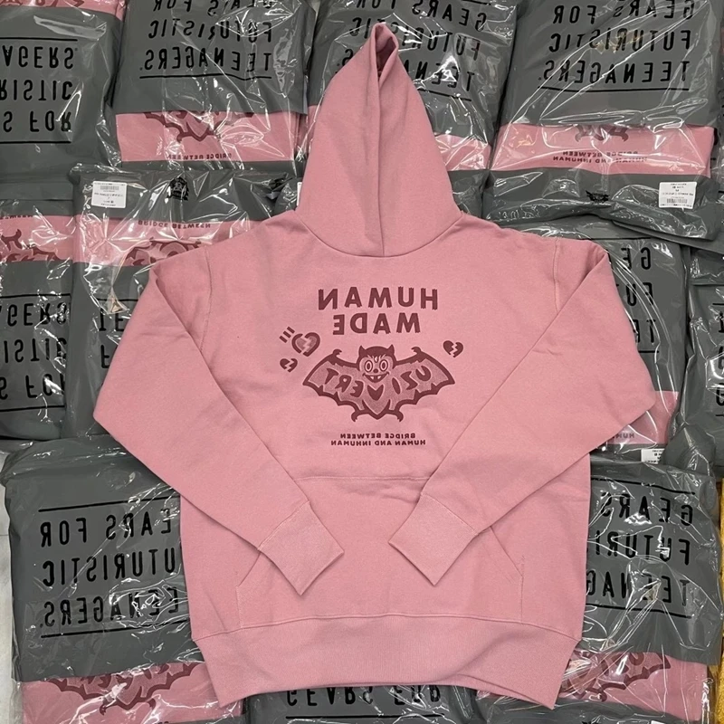 Top Quality Heavy Fabric Pink Human Made Bat Logo Hoodie Men 1:1 Graphic Human Made Hoodie Women Hooded Sweatshirts Pullovers