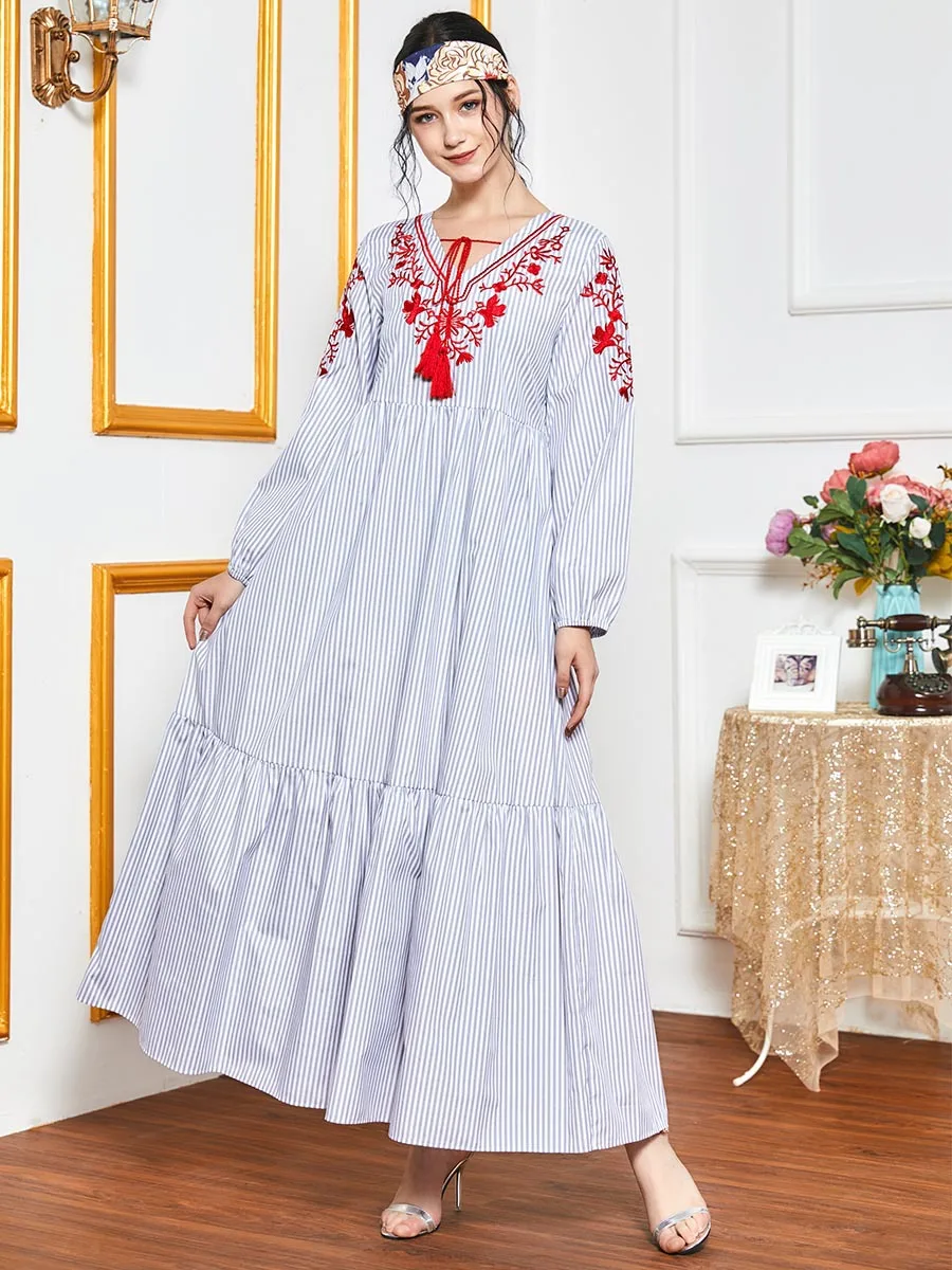

Dubai Muslim Ramadan Women's Arab National Blue Striped Multi-layer Folded Long Sleeve Elegant Casual Middle East Dress Large Sw