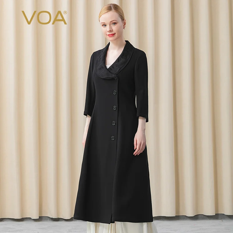 

VOA Silk Yarn Flowing Black 60m/m Heavy Single-breasted Trench Coat with Crisp Big Swing and Seven-point Sleeves FE112