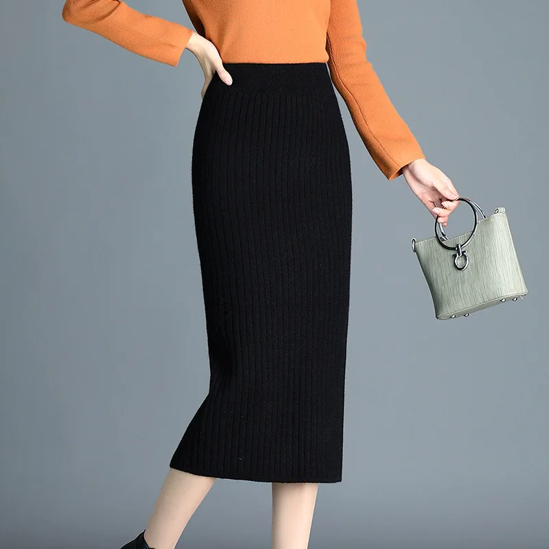 

2020 Autumn Winter New Korean Arrival High Waist Slim Stretch Knit Skirt Fashion Back Split Black Women Long Skirt Free Shipping