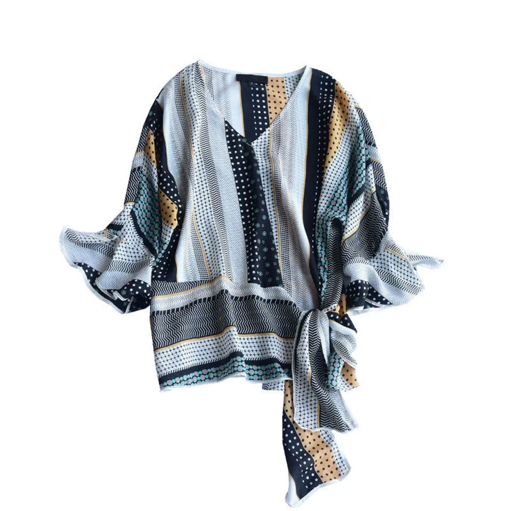 Винтажные топы и блузки с принтом корейские шикарные офисные дамские 2020 Летние