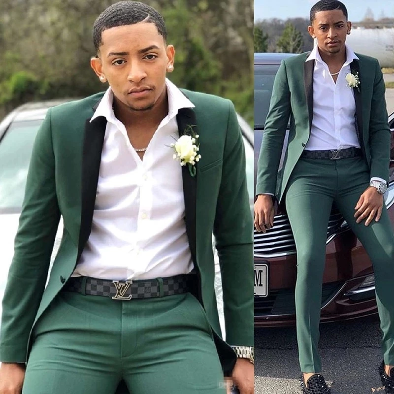 

Green Men Suits Slim Fit Two Pieces Groomsmen Wedding Tuxedos For Men Peaked Lapel One Button Formal Prom Suit (Jacket+Pants)