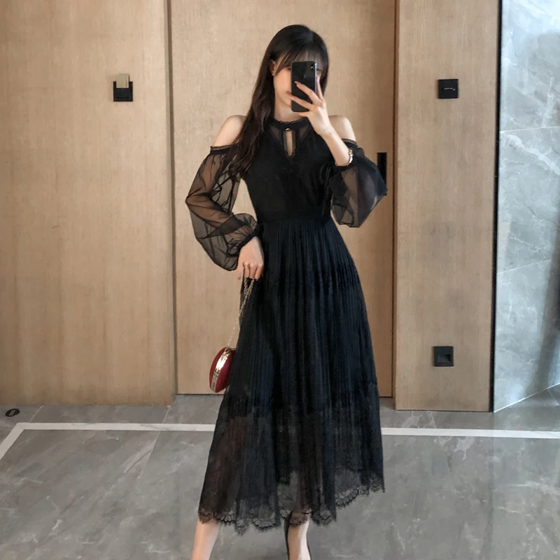 Женское платье с длинным рукавом кружевное v-образным вырезом интеллектуальное