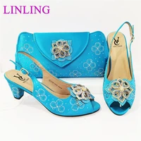 nigerian woman sandals shoes with purse set italian mature high heels shoes and bag set sky blue high quality for wedding party