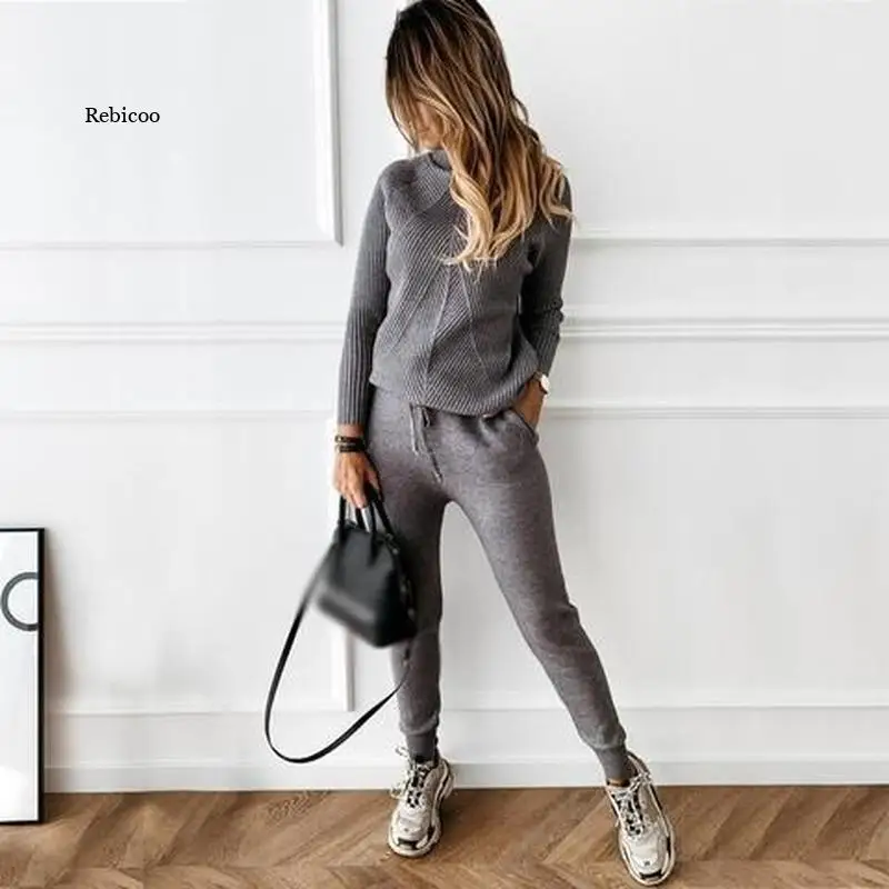 

Женский трикотажный комплект из двух предметов, однотонный пуловер с высоким воротником и длинным рукавом, свитер, брюки, брюки-карандаш, одежда для улицы, Новинка