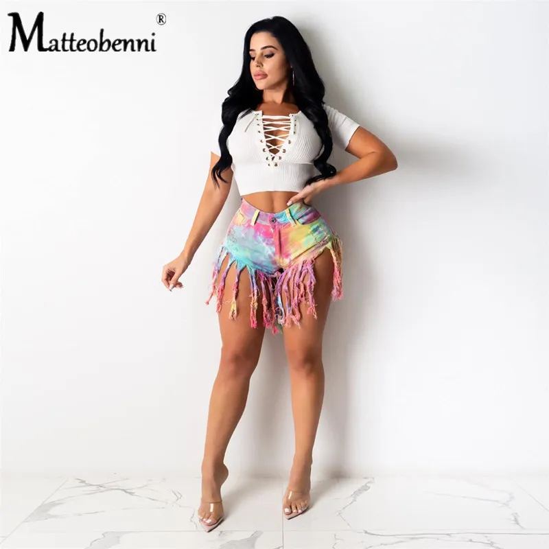 

Tie Dye Print Jean Shorts Women Tassel Ripped Jeans For Women High Fashion Womens Clothing 2020 Sexy Fringed Shorts Jeans