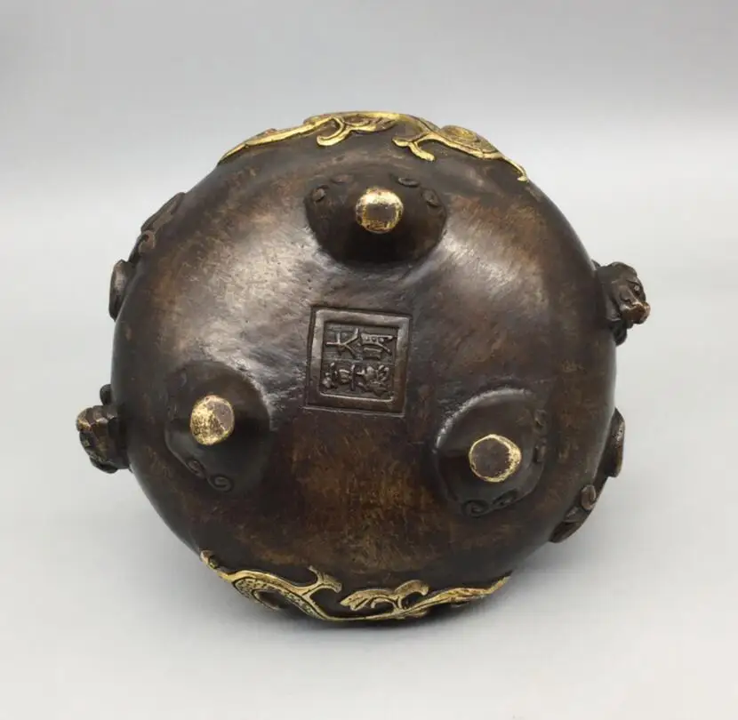 

China brass archaize double dragon ear Incense burner crafts statue