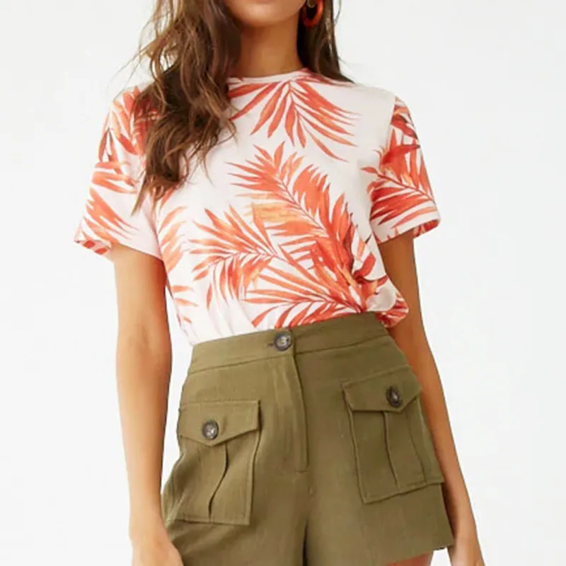 Summer Chiffon Blouses New Maple Leaf Printed Shirt O-neck Leisure Women Ladies Shirts Short Sleeve Orange Fashion Tops Blusas | Женская