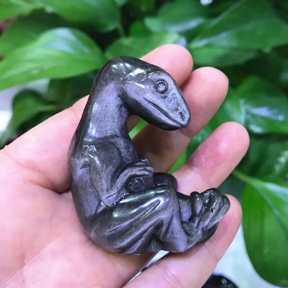 

Natural Silver Obsidian Mineral Quartz Handmade Lovely Baby Dinosaur Decorative Ornament Small Statue Figurine Cute Stone Craft