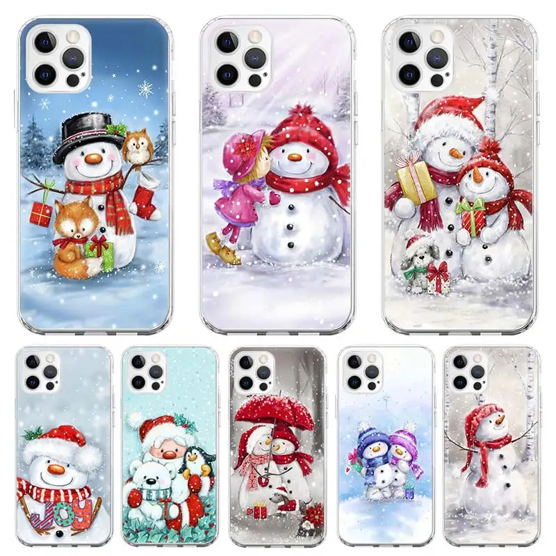 

Silicone Case Coque For iPhone 13 Pro Max 11 12 Pro XS MAX X XR 7 8 6 6S Plus SE 2020 Winter Cute Snowmen Back Cover Funda