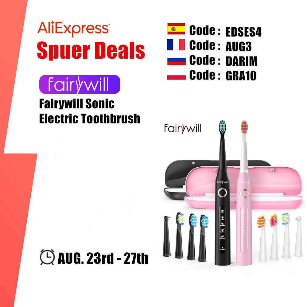 Fairywill Sonic электрическая зубная щетка FW508 черная розовая комбинированная быстро