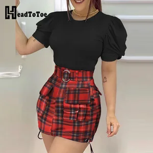 Комплект из двух предметов: топ с пышными рукавами и клетчатая дизайнерская юбка с карманами