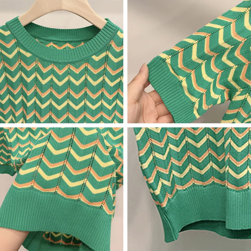 

Casual Hollow Out Stripe Knitted Short Sleeve Tops Women Summer Thin Short T-Shirt Fashion Plus Size 4XL O-Neck Tees Female