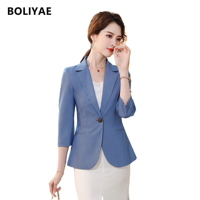 Boliyae Womefemmen Blazer Za 2021summer 3/4 Sleeve Formal Interview Suits Lady Office Work Tops Single Button Pockets Jacket