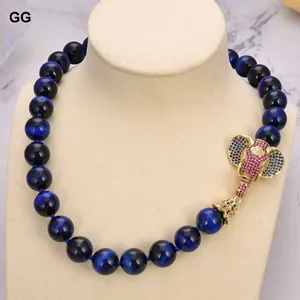 GuaiGuai Jewelry Natural 14mm Blue Tiger's Eye Round Beads Colorful CZ Pave Elephant Necklace 19'' For Women