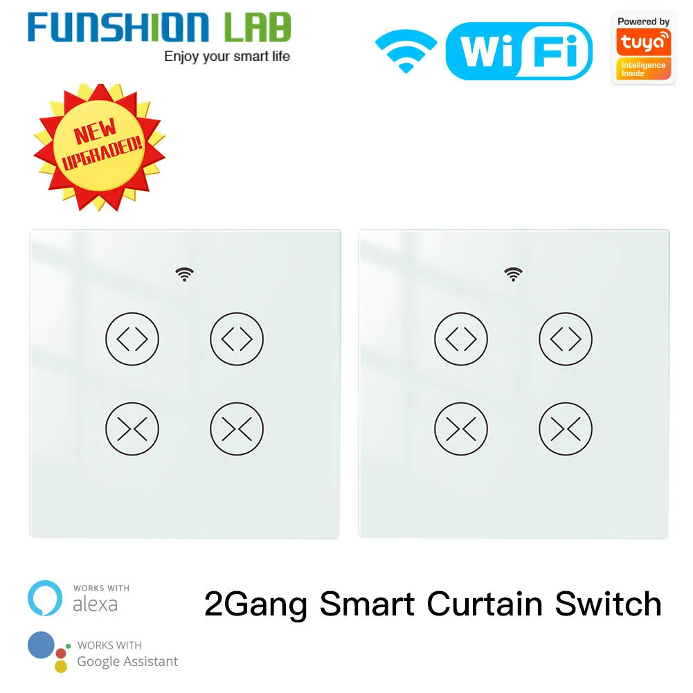 

FUNSHION WiFi Smart Life Tuya 2 Gang Double Curtain Blind Switch for Roller Shutter Electric Motor With Google Home Alexa Voice